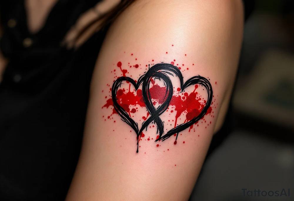 Black ink sketch-style hearts outlined with red splatter to symbolize imperfect but real love. tattoo idea