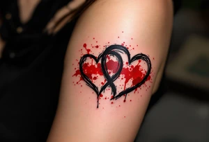 Black ink sketch-style hearts outlined with red splatter to symbolize imperfect but real love. tattoo idea
