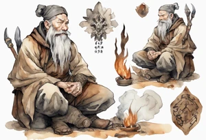 a 55-year-old large Norseman with a grey beard wearing a brown and black tunic sitting by a hearth with his hand on a large boar tattoo idea
