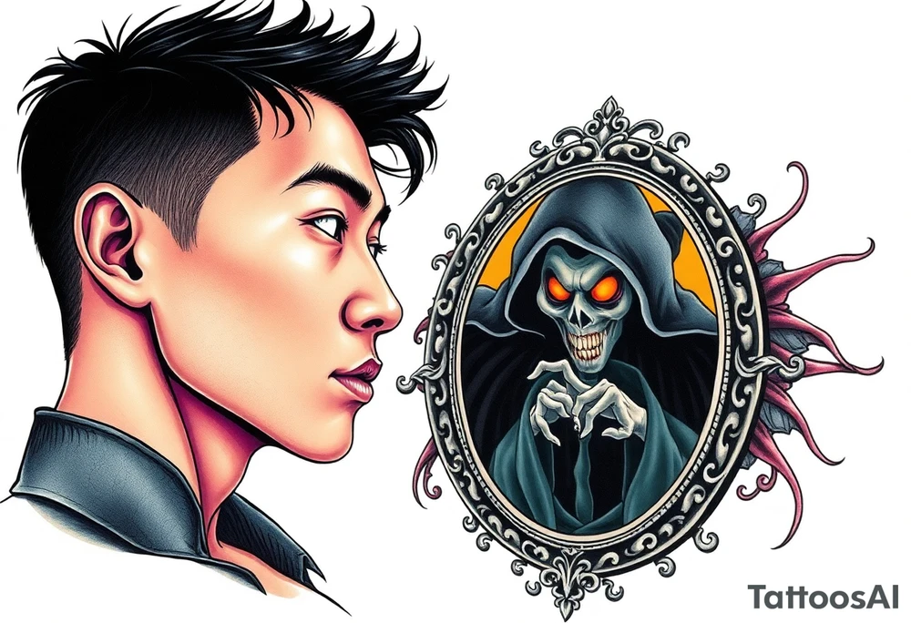 Handsome Asian young guy is looking in cursed mirror and see a witch tattoo idea