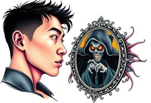 Handsome Asian young guy is looking in cursed mirror and see a witch tattoo idea
