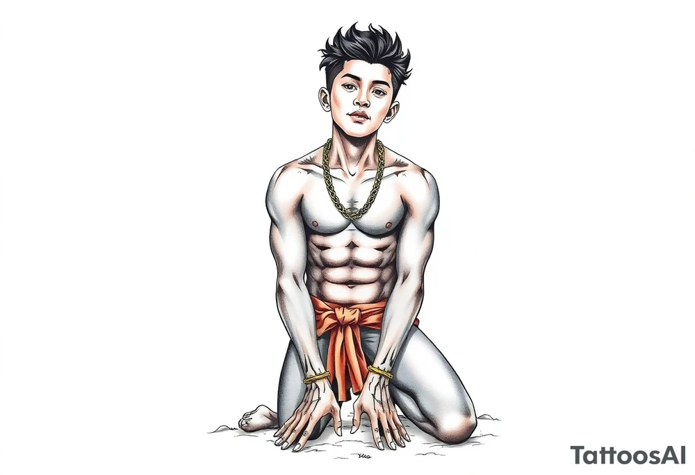 Handsome Asian young guy is standing on his knees like slave tattoo idea