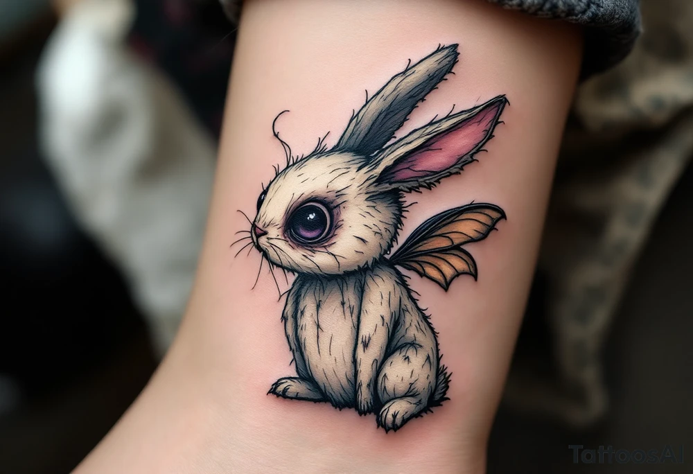 Tim Burton’s Moth-Eaten Rabbit – A ragged plush rabbit with one ear missing and moth wings sprouting from its back, stitched in faded cream, gray, and dull plum thread. tattoo idea