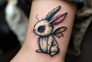 Tim Burton’s Moth-Eaten Rabbit – A ragged plush rabbit with one ear missing and moth wings sprouting from its back, stitched in faded cream, gray, and dull plum thread. tattoo idea