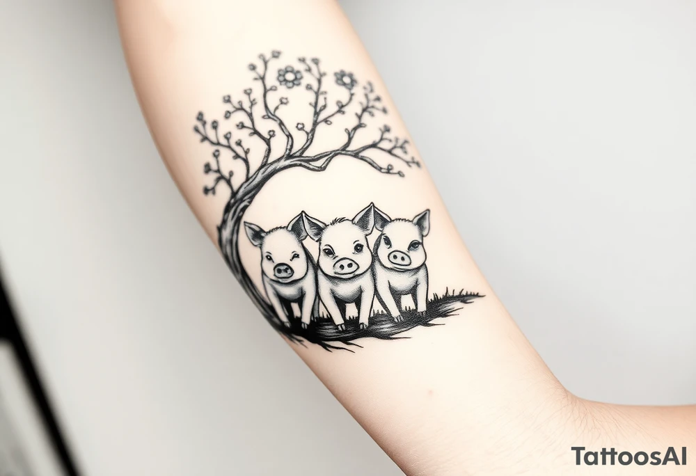 3 little piggy's hiding under a a tree tattoo idea
