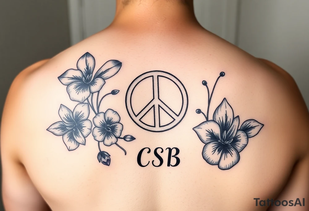 Violets, peace symbol, Pisces symbol, dog prints, amethyst, initials csb in cursive font tattoo idea Violets, peace symbol, Pisces symbol, dog prints, amethyst, initials csb in cursive font tattoo idea