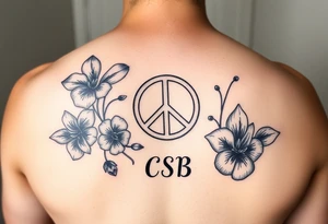 Violets, peace symbol, Pisces symbol, dog prints, amethyst, initials csb in cursive font tattoo idea