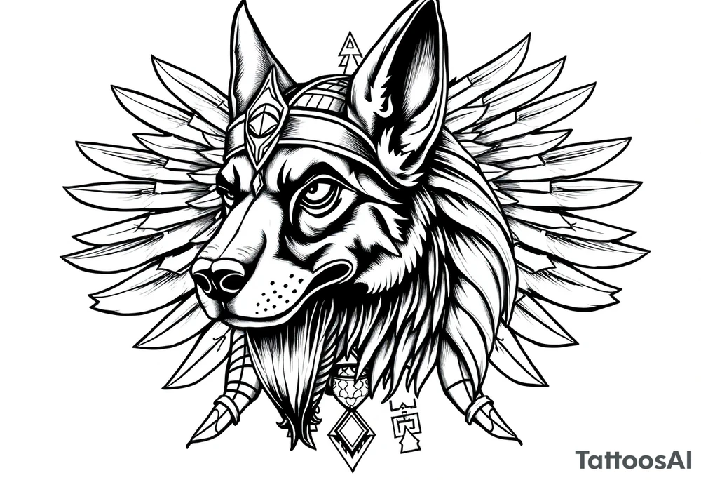 Egyptian Anubis god face muscle in Egypt style  with mantle on head

dog face surrounded Egyptian symbols based on elements tattoo idea