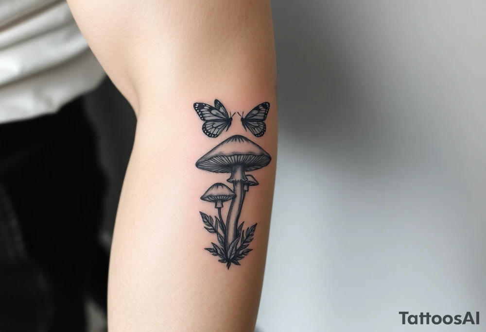 mushroom with 2 butterflies above it on your lower inner arm tattoo idea