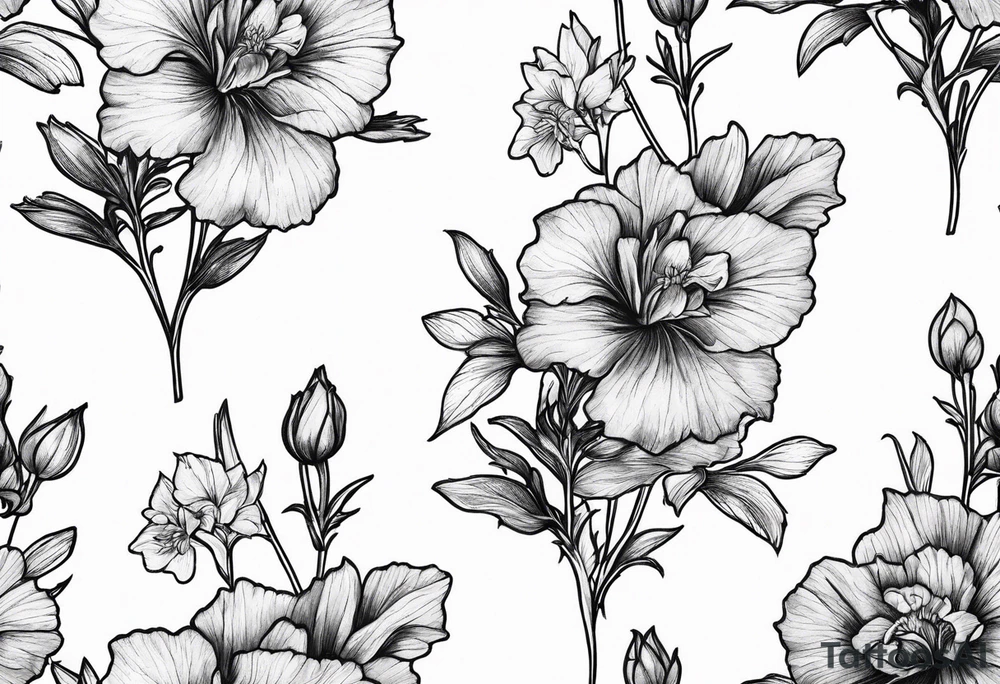 Small, simple sketched bouquet of larkspur, stemmed carnation tattoo idea