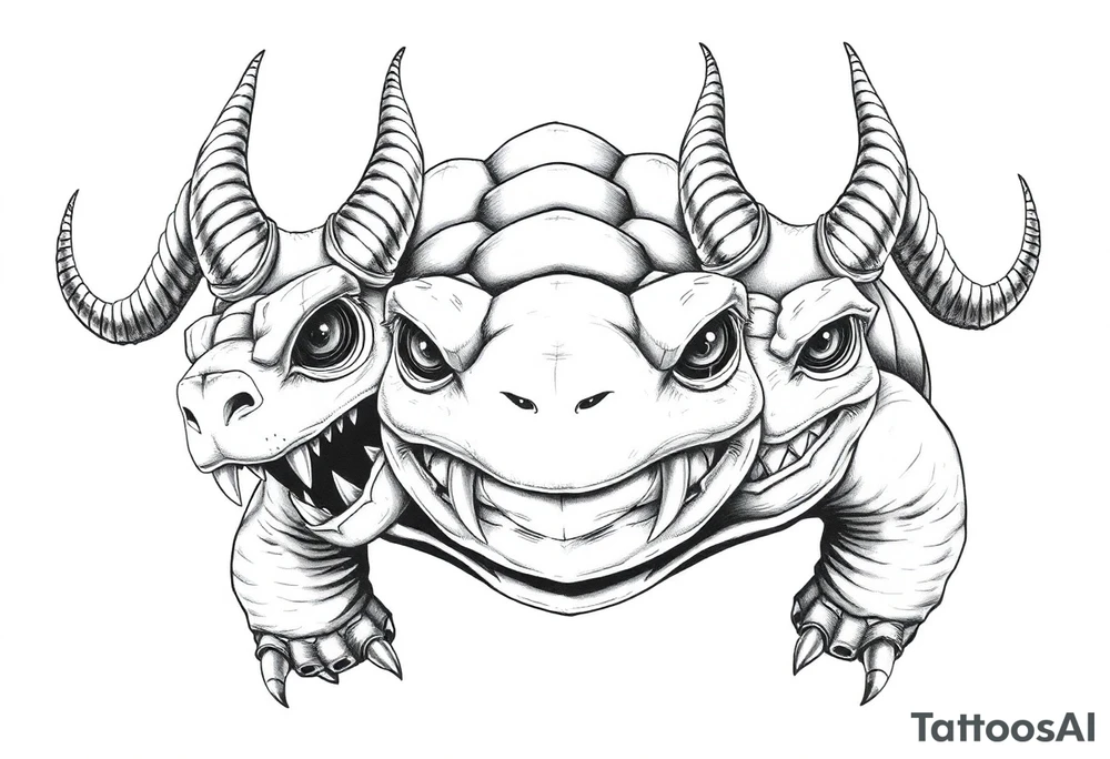 2 slaves powerful and angry turtle with goat horns and huge teeth and ALIEN EYES tattoo idea