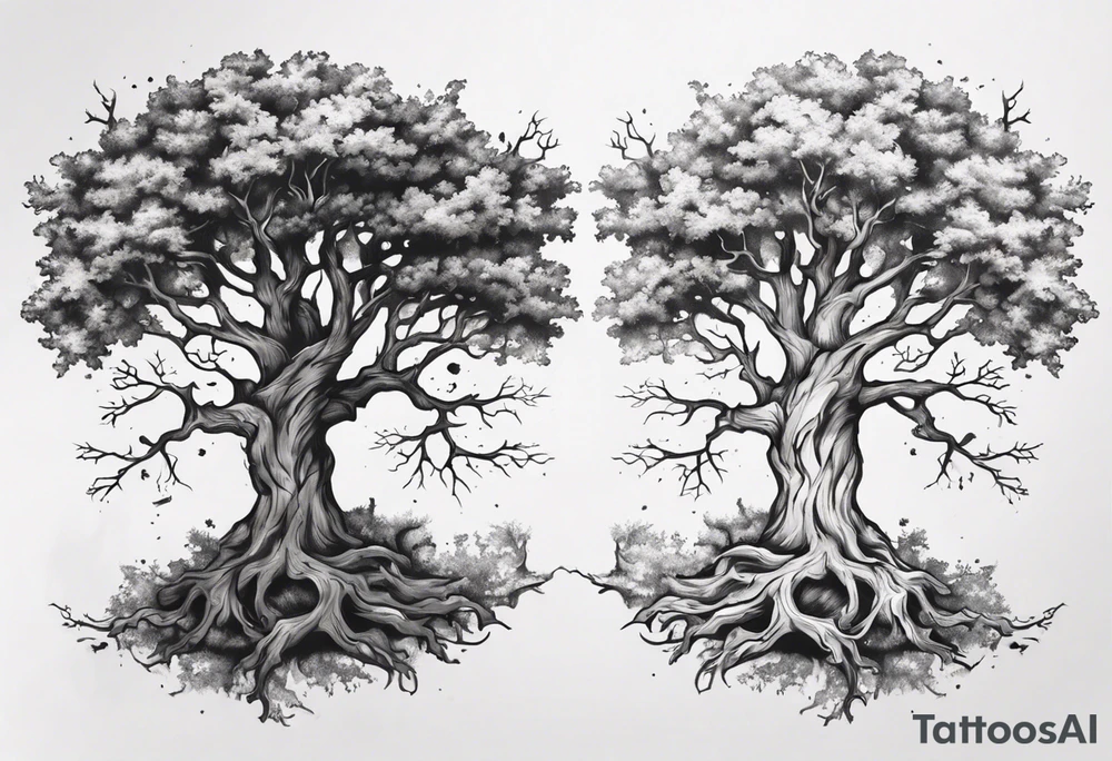 Two oak trees growing together forearm tattoo idea