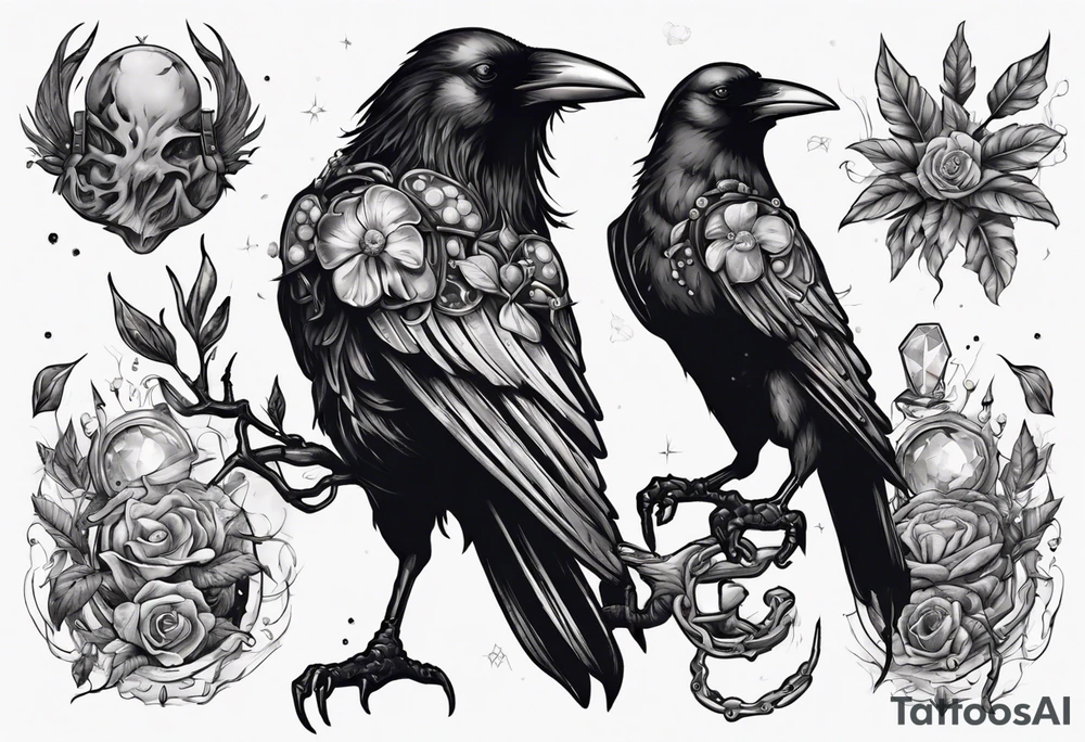 Demon Raven surrounded gems poisonous plants and astrology. tattoo idea