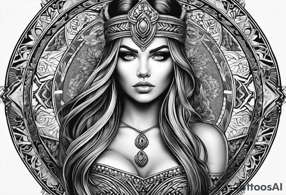 Viking, feminine warrior, mandala, bedroom eyes, headshot tattoo idea
