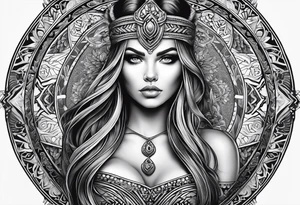 Viking, feminine warrior, mandala, bedroom eyes, headshot tattoo idea
