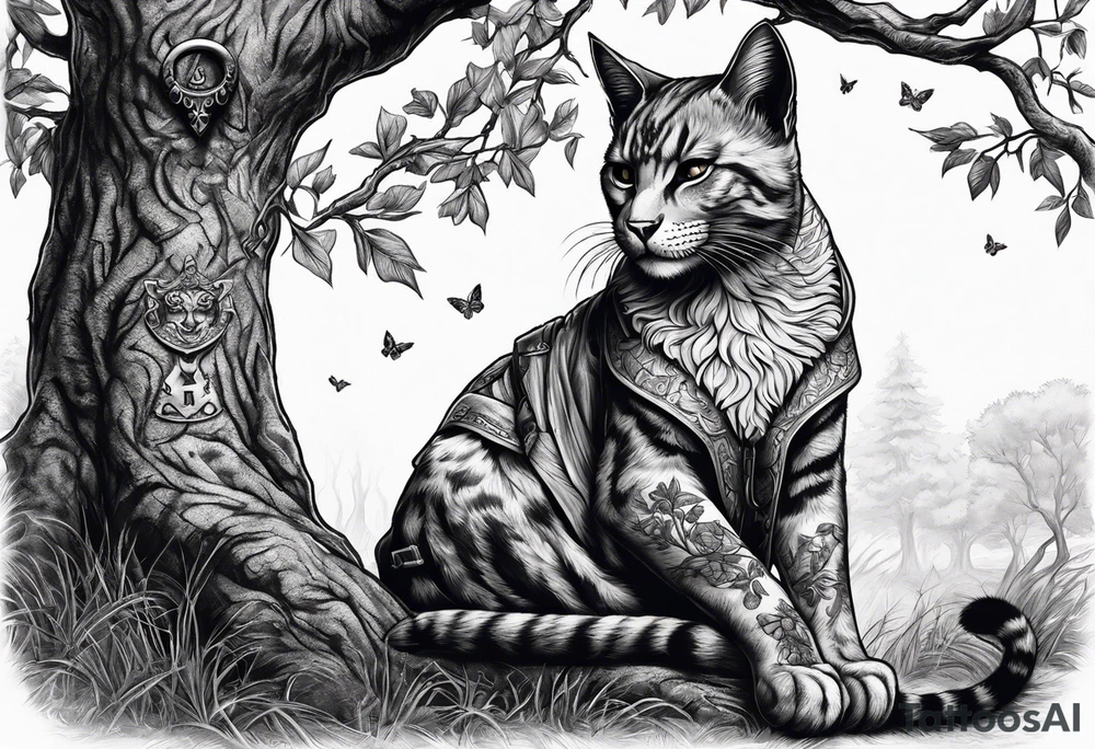 Khajiit sitting under an oak tree with a coin purse and dagger tattoo idea