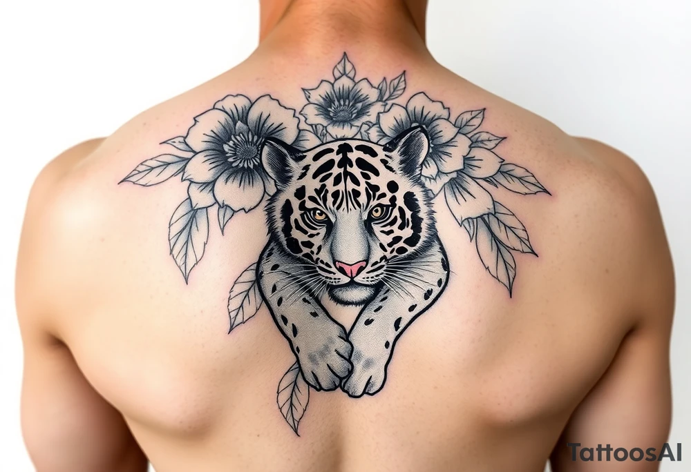 Floral tattoo with baby tiger tattoo idea