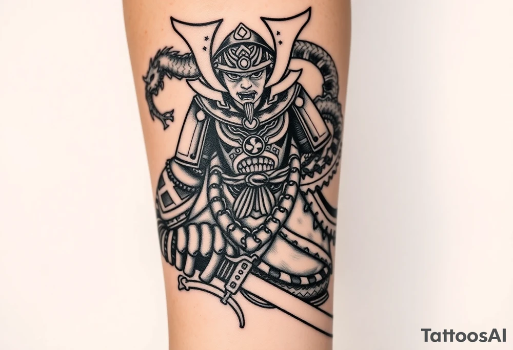 Japanese samurai warrior with armor and katana sword, fierce expression, traditional helmet, Japanese dragon wrapped around, black and grey ink tattoo style, ornamental linework, sketch-style shading, designed for forearm tattoo with full sleeve expansion tattoo idea