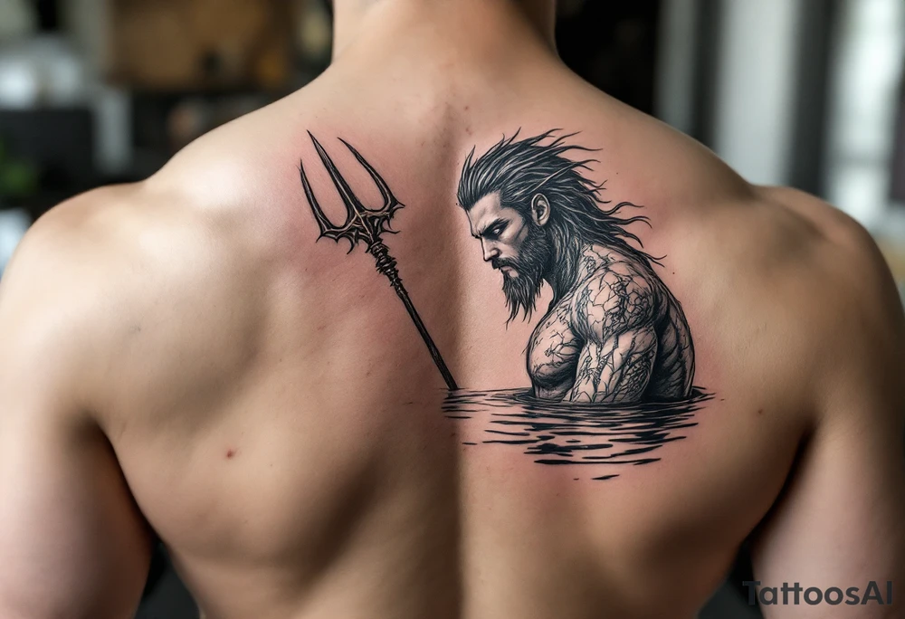 fit young poseidon with trident half way in calm water tattoo idea