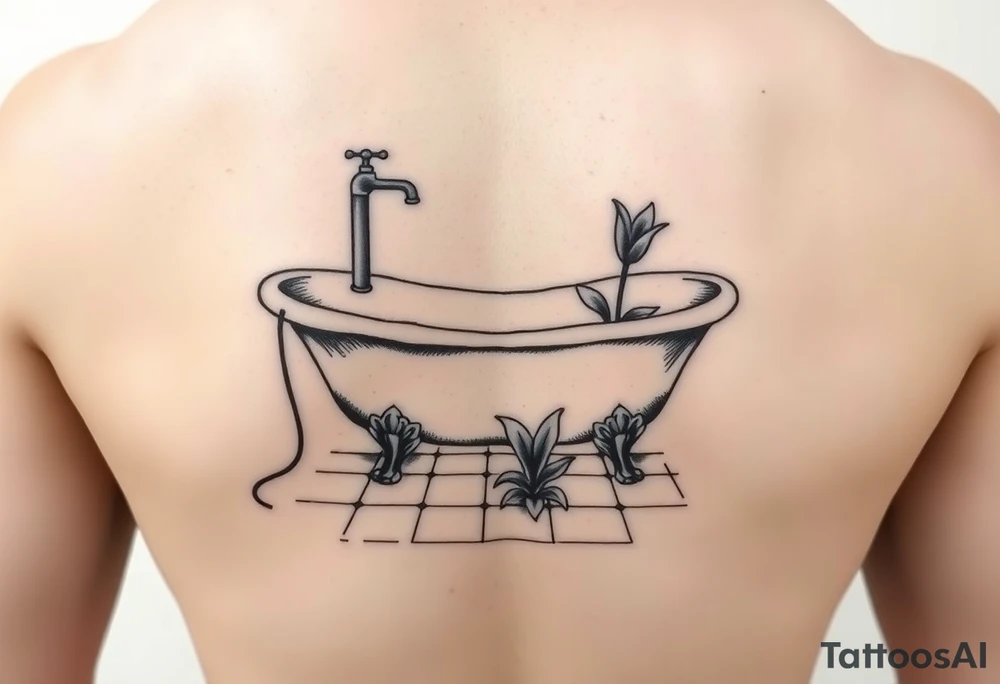 clawfoot bathtub with simple faucet and lily coming up out of the tile floor tattoo idea