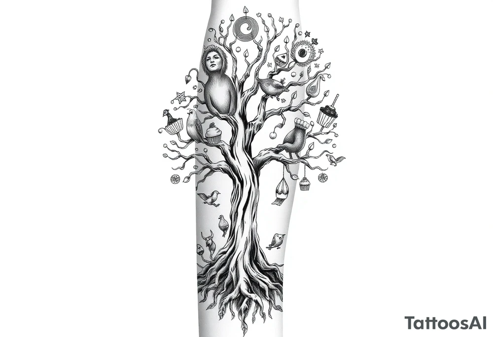 mystical tree of life with cosmic roots and celestial branches fat naked sexy woman , peacock , pig , cupcakes, liquor, cigerette, Storm clouds, pig, peacock , fat sexy naked fat woman, cupcakes, noose , money, goat, lion, couple having sex, cigerette storm lightening, killing, darkness tattoo idea