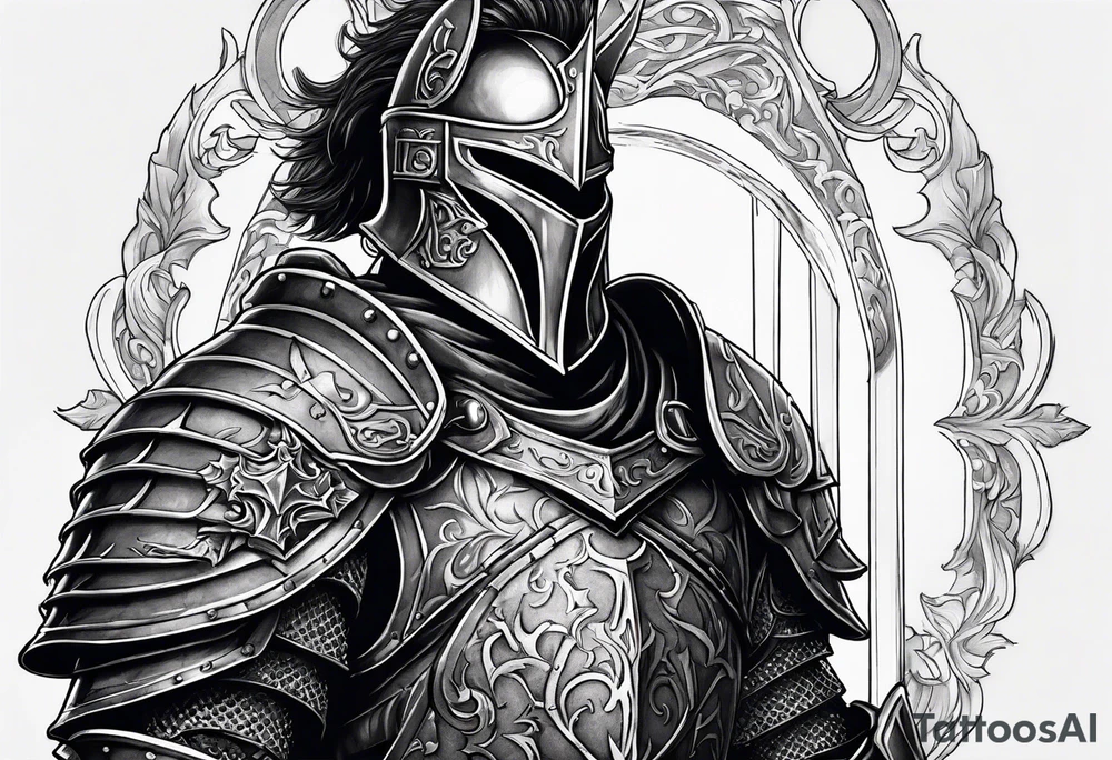 dark fantasy style knight in armor savage warrior, inner bicep tattoo design tattoo idea