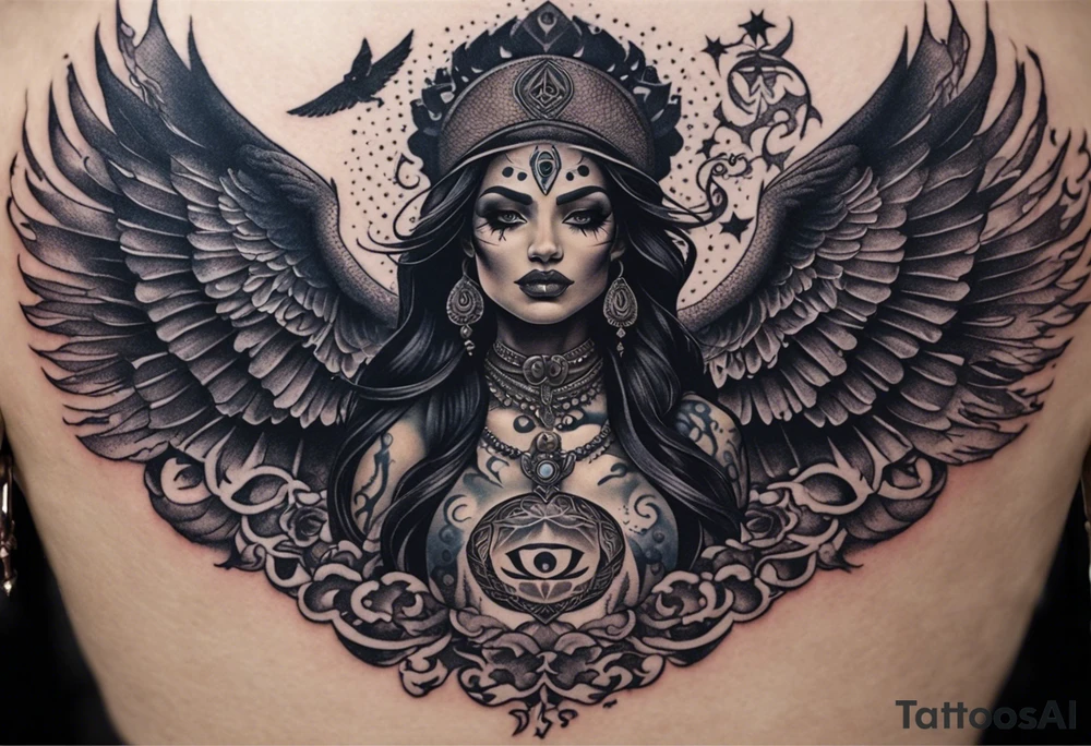 black kali, goddess pirate, alien, angel, pachamama, valkrye, warrior, flying, skull, lotus azul, wing, eagle, zenza resonance, stars, 5D, anahata chakra, death, durga, riding on a tiger, flying lady, kundalini, chest tatoo tattoo idea