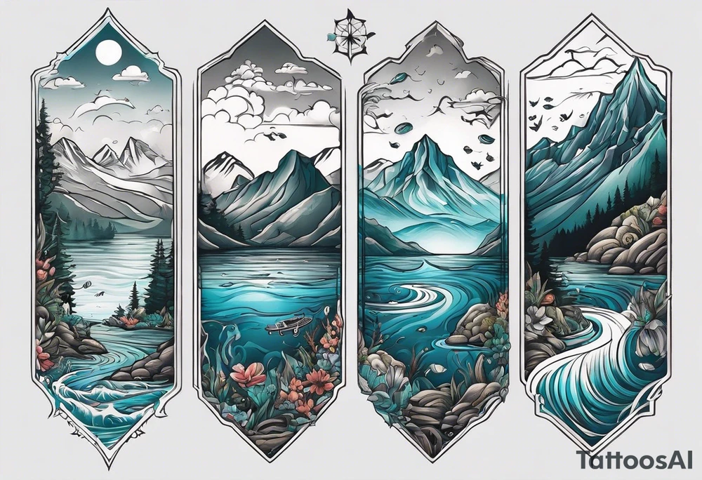 This is a tattoo that is split into 2 sections; a top half and a bottom half. The top half is a mountain in Norway with a mountain bike trail winding down the mountain. The bottom half of the tattoo depicts an underwater scene featuring water, and sea life. tattoo idea
