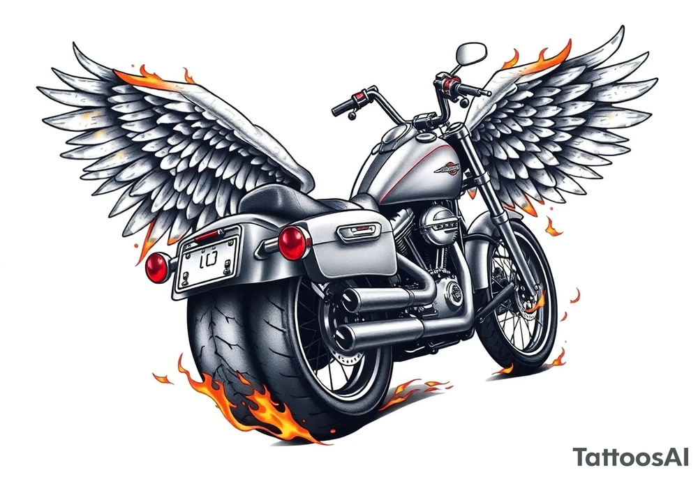 Harley grey motorcycle driving away, flames, angel wings tattoo idea