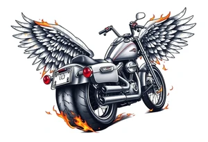 Harley grey motorcycle driving away, flames, angel wings tattoo idea