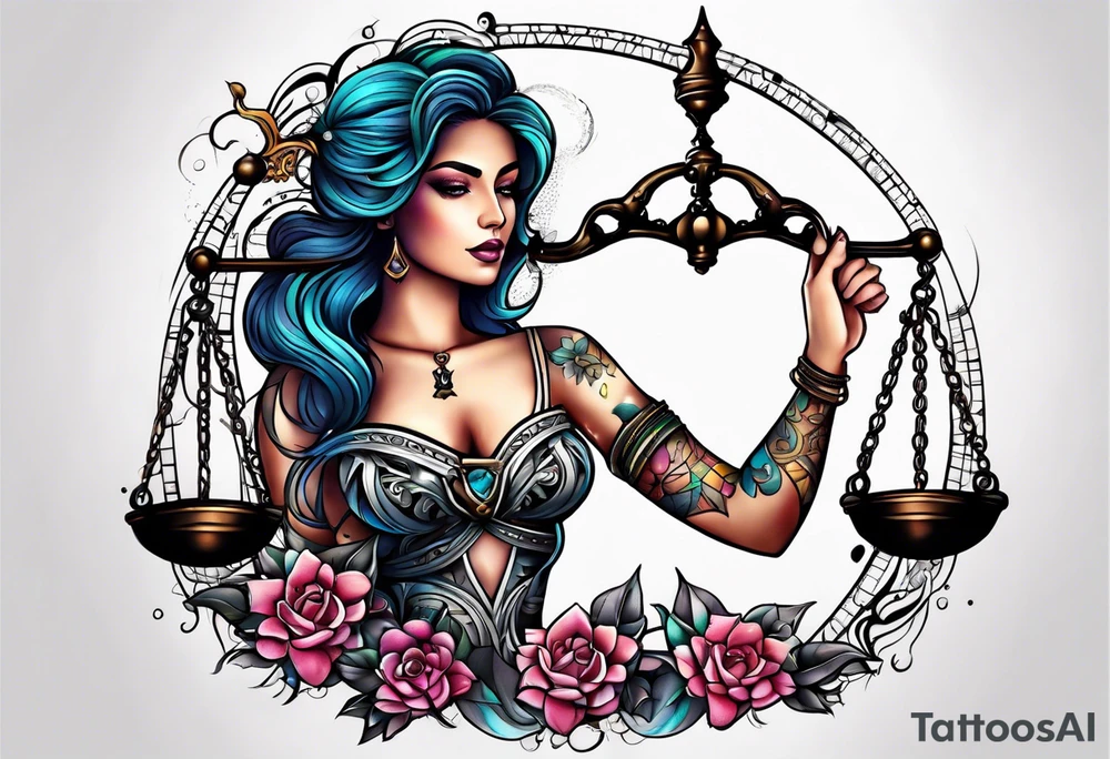 Intricate libra scales held by a beautiful woman tattoo idea