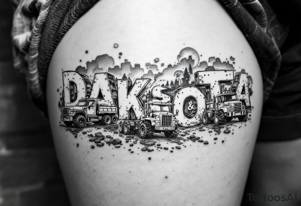 Dawson and Dakota spelled with legos and trucks with backgrounds tattoo idea