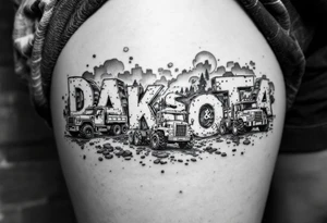 Dawson and Dakota spelled with legos and trucks with backgrounds tattoo idea