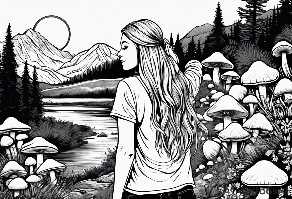 Straight long blonde hair hippie girl in distance holding mushrooms in hand facing away toward mountains and creek surrounded by mushrooms tee shirt and hiking pants; whole rendering within a full circle, no cut off circle tattoo idea
