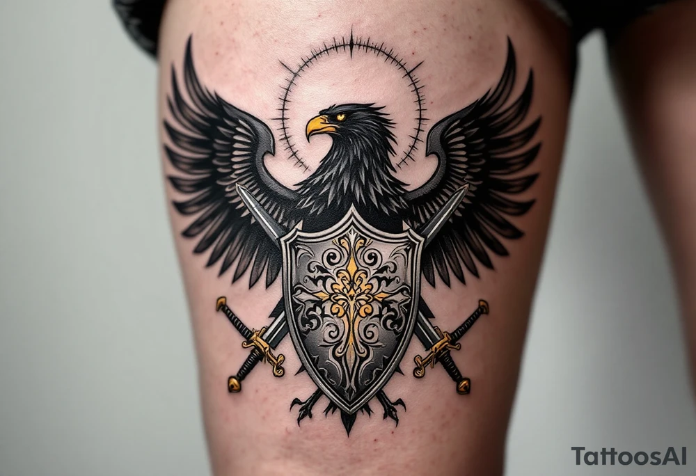 Silesian Eagle with a Shield and Swords – A fierce black eagle clutching a silver shield with traditional Silesian patterns, crossed by two ornate medieval swords. The eagle’s eyes glow in deep amber, symbolizing vigilance and protection. tattoo idea