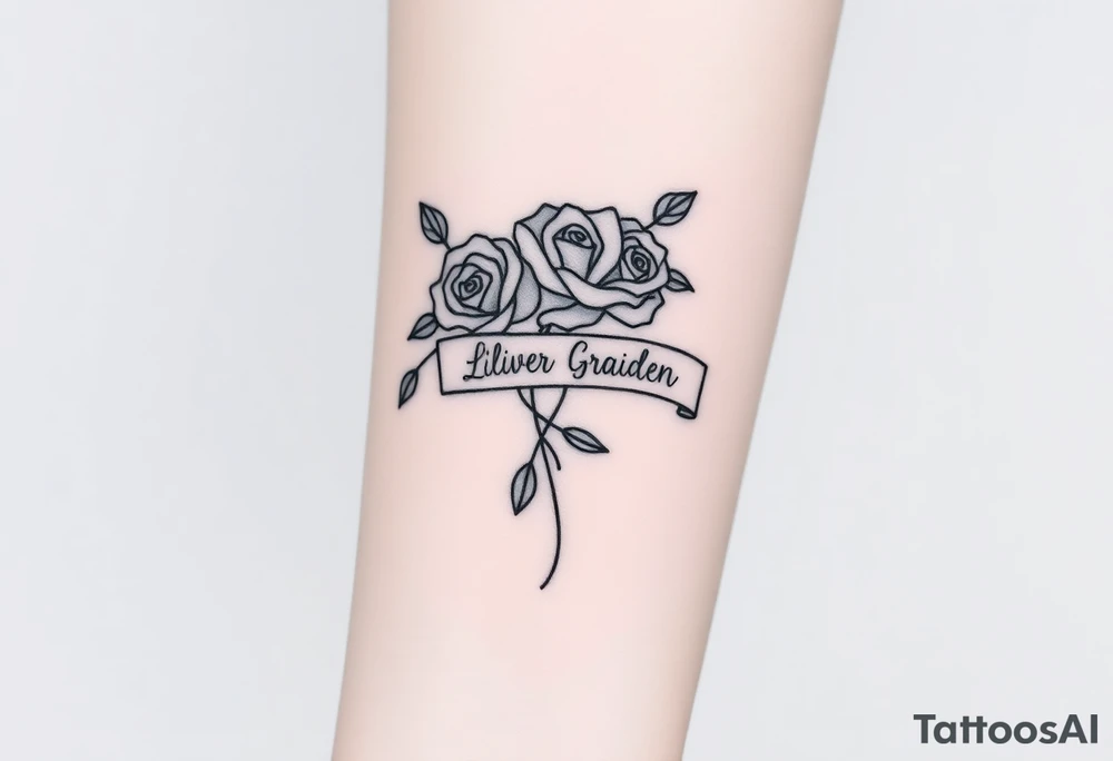 Roses and ribbon with 5 names in it Oliver Braiden Ava Zaleea Taydum tattoo idea