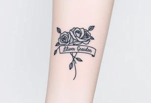 Roses and ribbon with 5 names in it Oliver Braiden Ava Zaleea Taydum tattoo idea