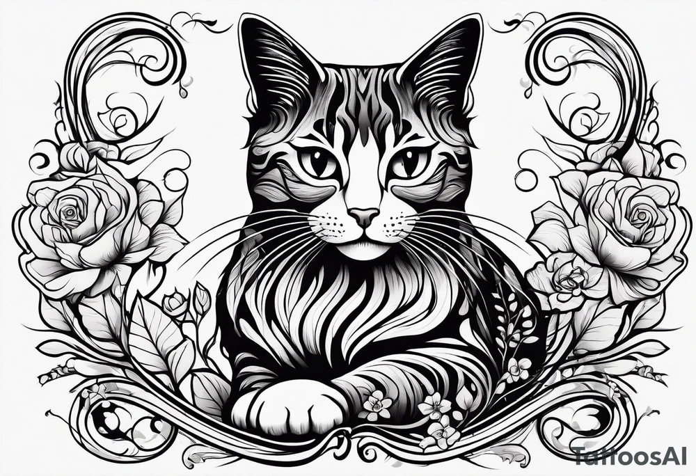 Illustrate a small tattoo of a tabby cat curled up, surrounded by gentle swirls or floral elements to enhance its cozy vibe tattoo idea
