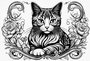 Illustrate a small tattoo of a tabby cat curled up, surrounded by gentle swirls or floral elements to enhance its cozy vibe tattoo idea