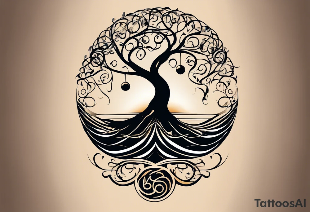 A tattoo design that incorporates the following elements: an abstract tree of life that has roots emerging  from the ground. Waves of water wrap around the tree in a non symmetrical design.  Incorporate musical notes into the tree. the letters U and A are overlapping and engraved into the tree. A golf flag incorporated but not prominent tattoo idea
