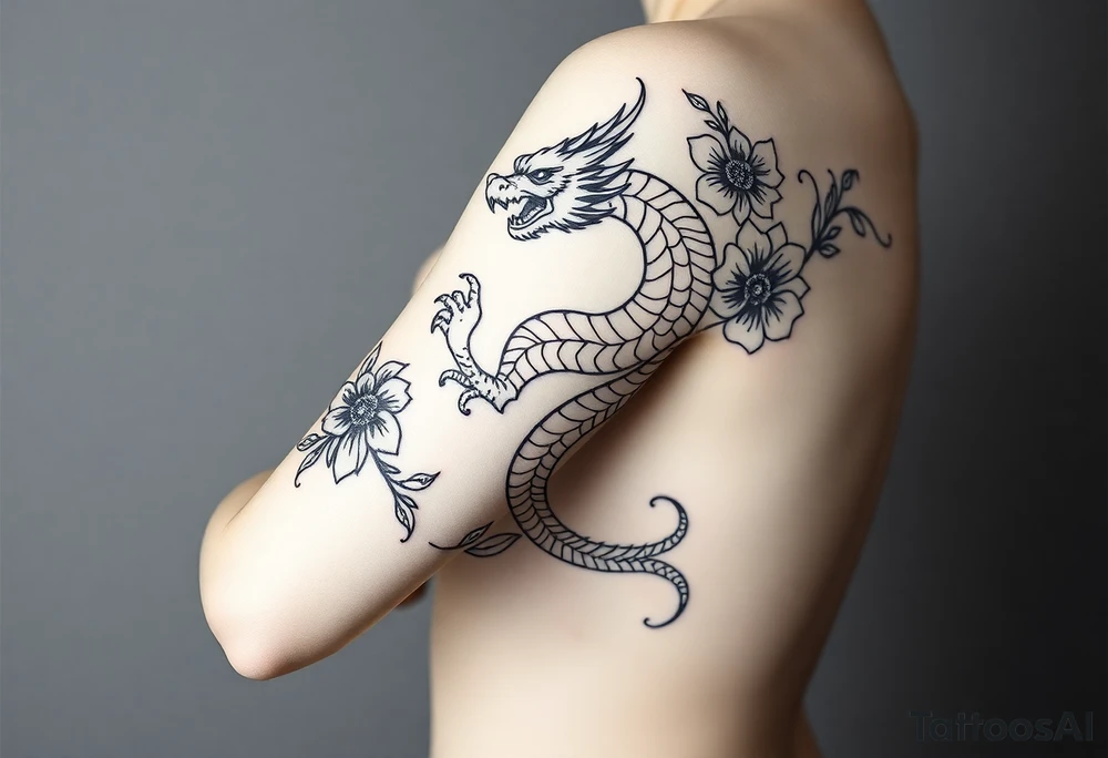 un dragon central entouré de fleurs de style avec des ombrages dans un style assez fin tattoo idea