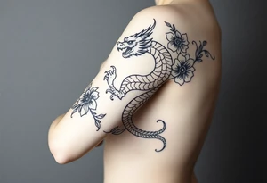 un dragon central entouré de fleurs de style avec des ombrages dans un style assez fin tattoo idea