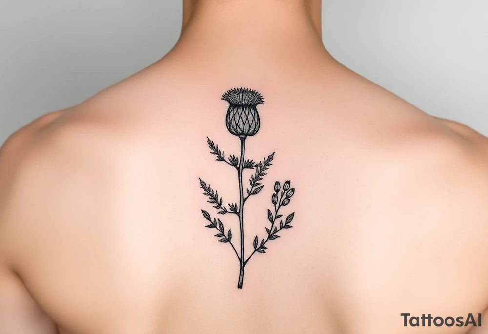 small botanical drawing of scottish thistle, olive branch/olive, and cat nip for a wrap around wrist tattoo as one plant tattoo idea