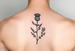 small botanical drawing of scottish thistle, olive branch/olive, and cat nip for a wrap around wrist tattoo as one plant tattoo idea