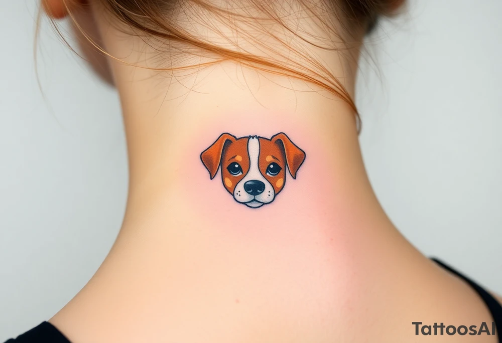 One line tattoo of female dog with white strip going up dog’s snout slightly off centered. With young slightly out tattoo idea