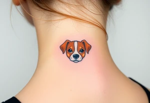 One line tattoo of female dog with white strip going up dog’s snout slightly off centered. With young slightly out tattoo idea