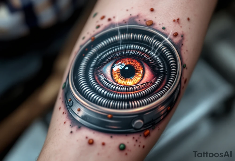 A kitchen knife tattoo features a realistic human eye nestled within the circular burner of a vintage stovetop, with metallic gray coils spiraling outward and the iris glowing a fiery orange-red as if lit from within, framed by subtle steam and tiny food splatters in soft pastel greens and browns for a surreal culinary twist. tattoo idea
