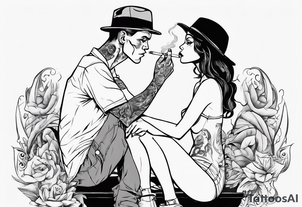 A depiction of a man and a woman. The man stands smoking a cigarette, the woman sits with her legs wide apart tattoo idea