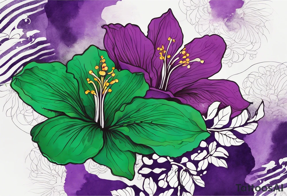 A mystical outline of a green and purple rio dipladenia flower and a green and purple watercolor splash in the background tattoo idea