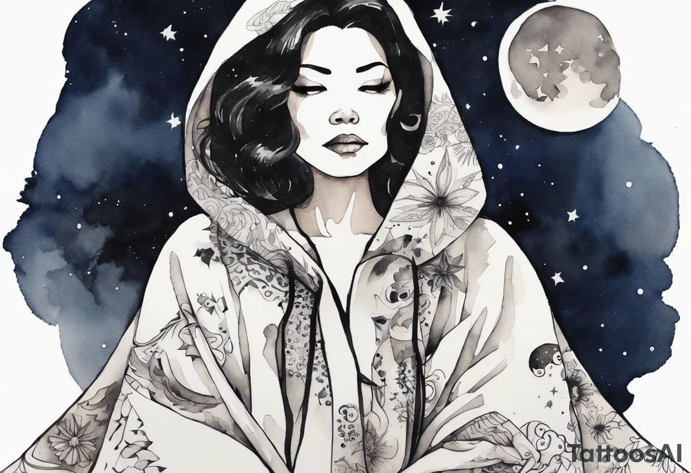 a watercolor of a beautiful 40-year-old latina woman wearing black and white cloak with the night sky in the background tattoo idea